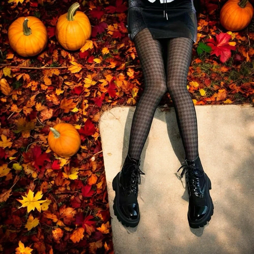 Houndstooth Black Pantyhose, High Waist Elastic‎ Footed Pantyhose One Size